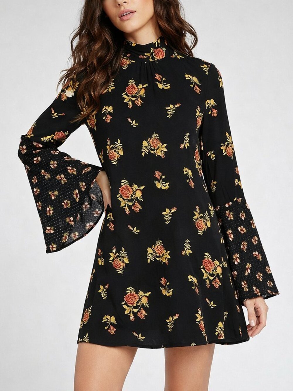 Free People Tate Micro Mini Dress Tunic Top XS Black Floral Boho Bell Sleeve